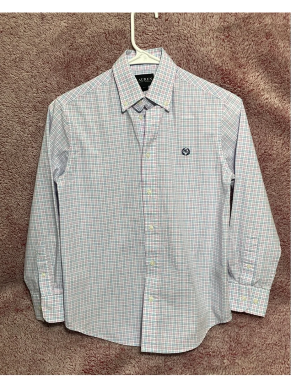 Ralph Lauren Boys Button Down Shirt White Blue Plaid Size 12